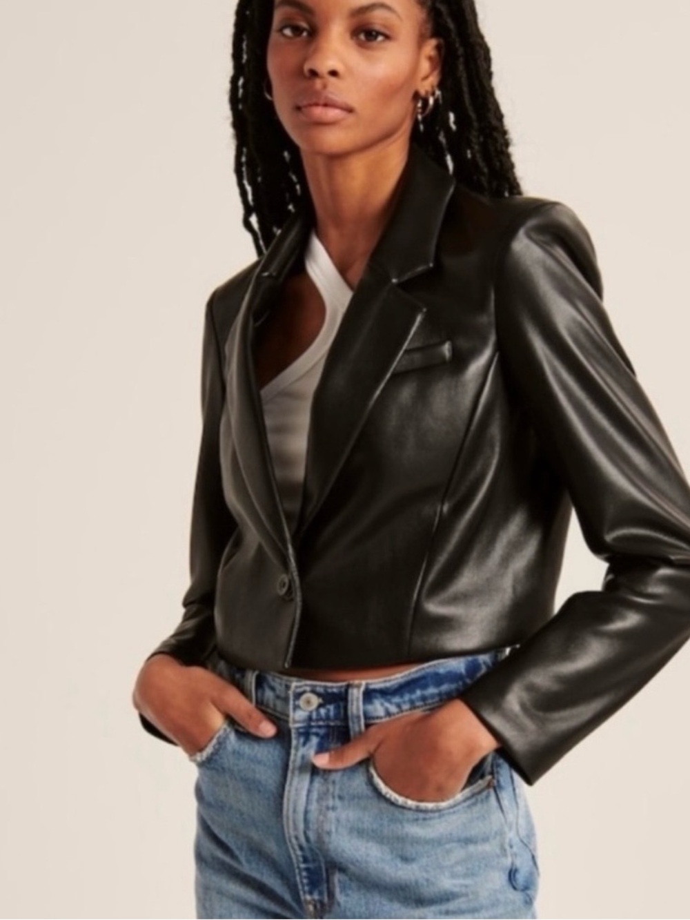Abercrombie Black Faux Leather Cropped Blazer Jacket - Women Small